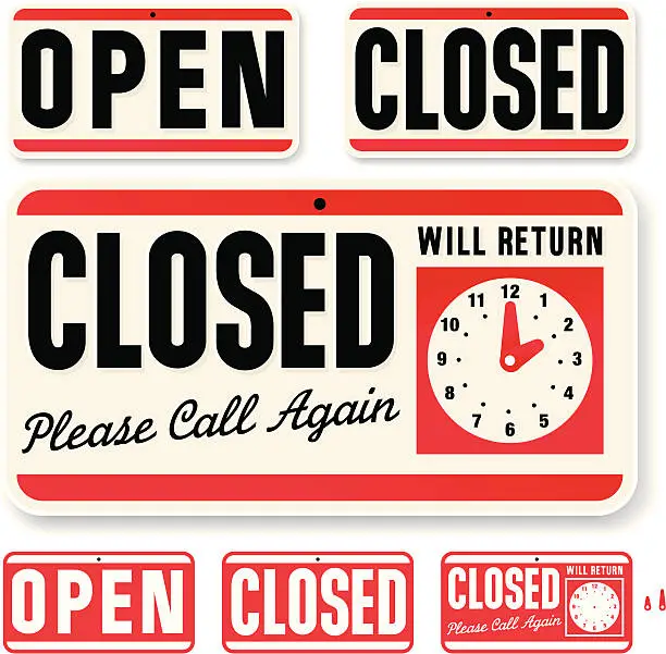 Vector illustration of Store Sign: Open Closed Will Return