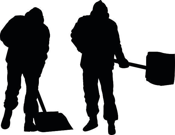 Silhouettes of two men shoveling on a white background vector art illustration