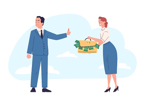 Stop corruption. Anti bribery concept, honest businessman hand rejecting bribe offer cash currency in envelope, corrupt employee payment, corporate fraud vector illustration of corruption and bribery