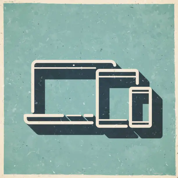 Vector illustration of Laptop, tablet PC and smartphone. Icon in retro vintage style - Old textured paper