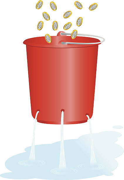 Cash Flow Problems - incl. jpeg Coins are poured into a bucket only to leak out of holes as water solvency stock illustrations