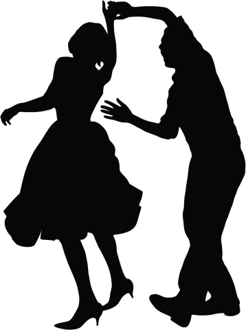 Sharp vector silhouette of couple swing dancing.  Clean, well-defined negative space, good motion.  His mouth is noticeably open, givin' a holler from having too much fun!
