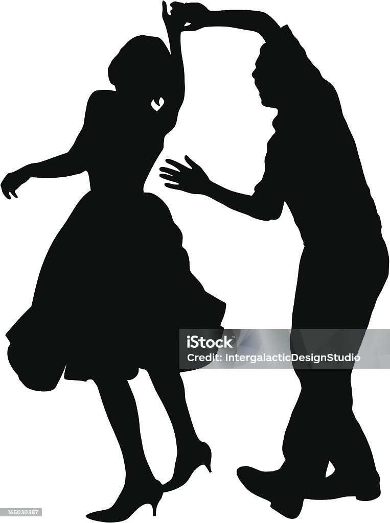 Swing Time Sharp vector silhouette of couple swing dancing.  Clean, well-defined negative space, good motion.  His mouth is noticeably open, givin' a holler from having too much fun! Dancing stock vector