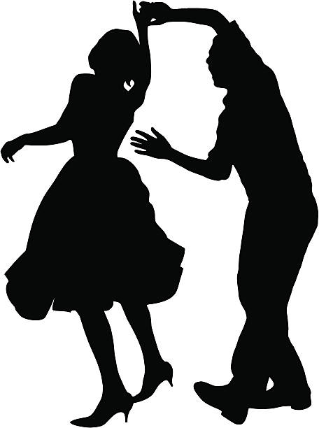 Swing Time Sharp vector silhouette of couple swing dancing.  Clean, well-defined negative space, good motion.  His mouth is noticeably open, givin' a holler from having too much fun! swing dancing stock illustrations