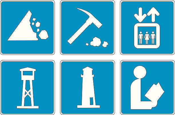 Points of Interest: 4 Common road signs with universally recognizable symbols.  Blue backgrounds may be removed to use just the symbols.  Adobe Illustrator file included. tressle stock illustrations