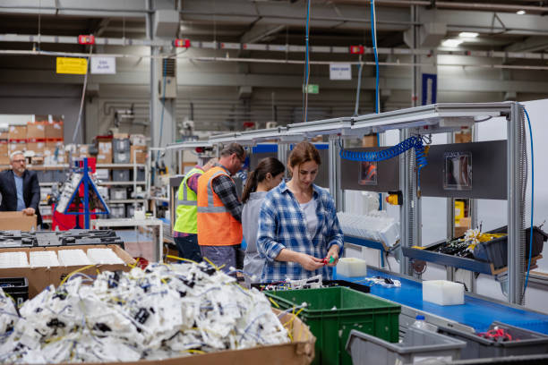 group of workers working on the production line in factory - electric plug electricity women power imagens e fotografias de stock