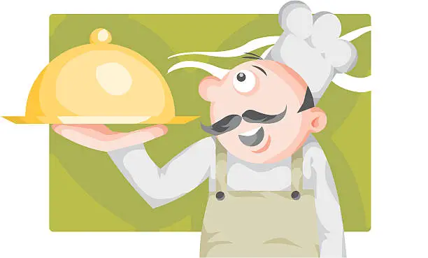Vector illustration of funny cook chef with food.