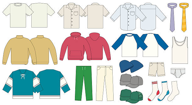 Men's Clothing Template - Vector Men's wardrobe including a T-shirt, short & long sleeve dress shirt, mock neck sweater, hooded pullover, baseball raglan 3/4 t-shirt, hockey jersey, khaki and sweat pants, shorts, a couple of ties, touque, baseball cap and trucker hat, briefs and three types of socks. cardigan clothing template fashion stock illustrations