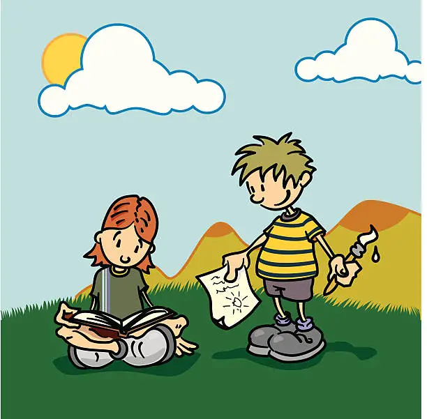 Vector illustration of Two children in the field