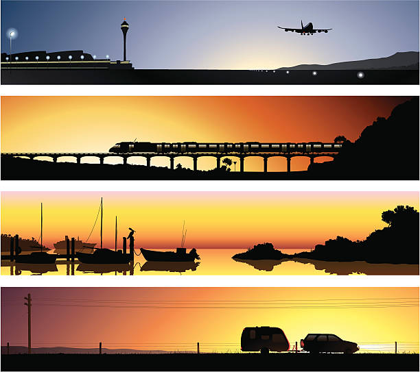 Vector Horizons 2 - Travel A 2nd series of detailed illustrations of 4 fictional locations. With the theme of travel and transport in mind, the scenes depicted are that of an airport, a railway, a harbour and a country road. airport sunrise stock illustrations
