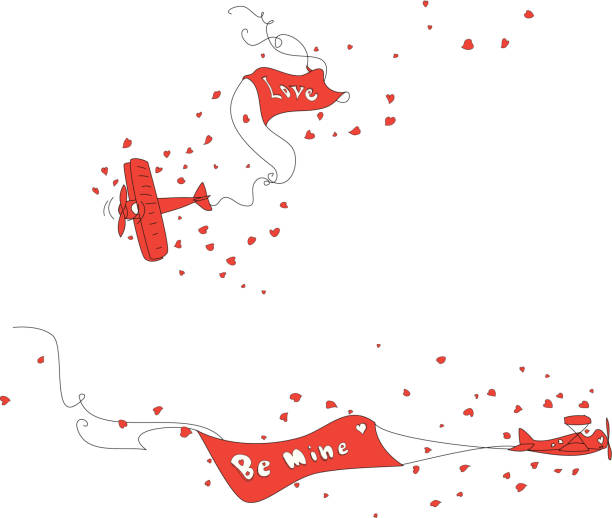 cartoon red aeroplane with banners love and be mine vector art illustration