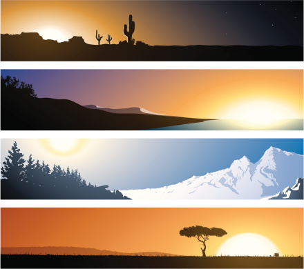 A series of quite detailed illustrations of 4 fictional locations. The scenes depicted are that of the desert, the coast, the mountains and the plains.