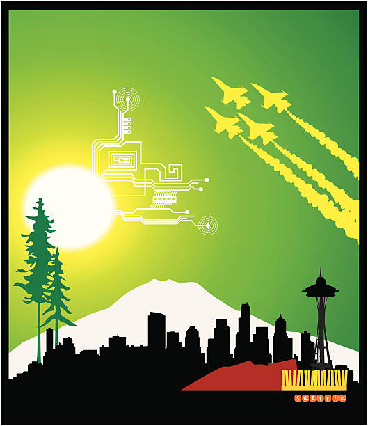 Seattle Skyline ( Vector ) Representing 4 major industries in Washington state. Technology, aerospace, logging/environmentalism, and music. There's a guitar among the computer circuits. mt rainier stock illustrations