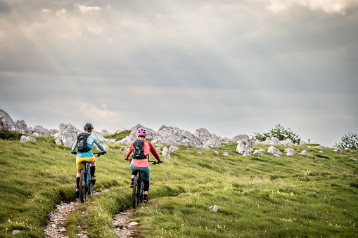 Rear view of female friends riding electric bicycles on grassy mountain trail.