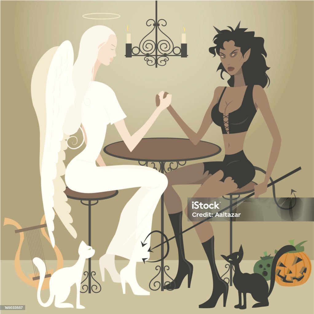 Cartoon Angel and Demon Arm Wrestling at Table Good and Evil settle scores. EPs 8, AI 10, and high resolution JPG. Angel stock vector