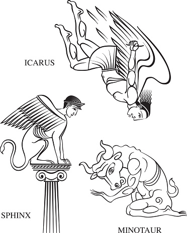 Vector illustration of Icarus, a Sphinx and a Minotaur