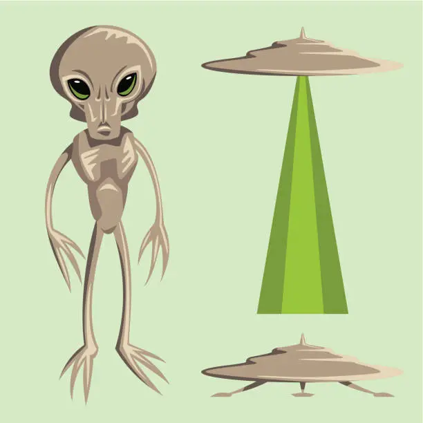 Vector illustration of Gray Alien (Zeta Reticuli) and UFO (Vector)