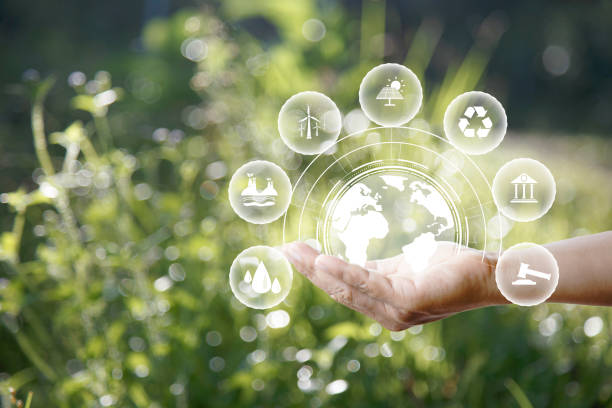 istock green energy concept. Global warming icons set on hands with nature green background. Net zero 2050 green energy icon around Carbon Neutral in industry. Net zero emissions concept. innovation idea. 1650341864