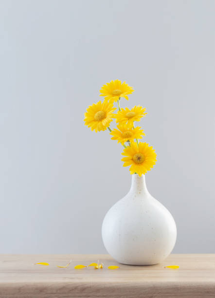 yellow gerbera in modern  vase on wooden shelf