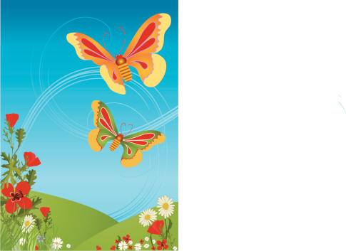 Two butterflies dancing in a colorful spring landscape. This is a vector illustration, so you can add or subtract elements from the picture. File available in Illustrator eps version CS and version 8. Also included a hi-res RGB jpg.