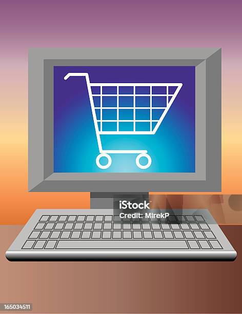 Vetores de Computador De Compras e mais imagens de Carrinho de compras - Carrinho de compras, Compra online, Computador