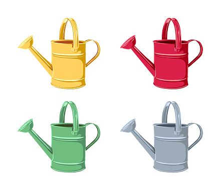 vector set of images of a garden watering can in different colors on a transparent background. garden tools for gardening, watering plants and flowers