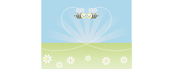 cute bumblebees meeting on a heart-shaped path