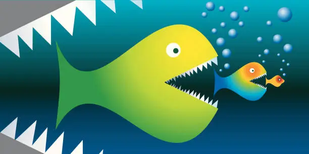 Vector illustration of big fish eats small fishes