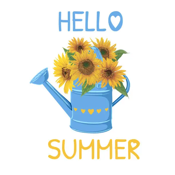 Vector illustration of Hello summer vector illustration with garden watering can and a bouquet of sunflowers