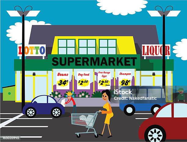 Супермаркет — стоковая векторная графика и другие изображения на тему Супермаркет - Супермаркет, Автостоянка, Автомобиль