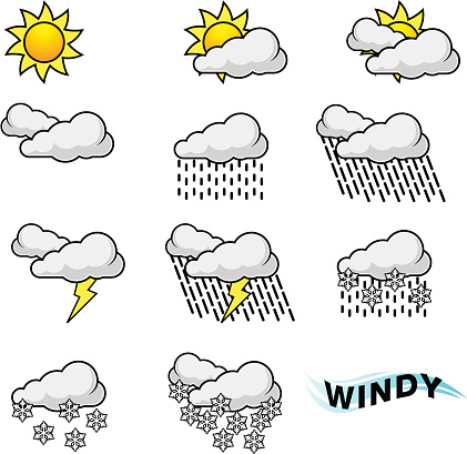 Vector illustrations of weather forcast symbols. Sunny, Partly Cloudy, Cloudy, Mostly Cloudy, Rain, Heavy Rain, Lightning, Rain & Lightning, Snow & Rain, Snow, Heavy Snow, Windy