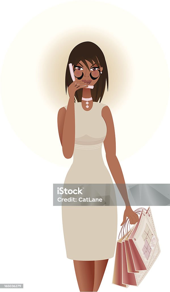 Talkin' Shoppin' Diva! African-American girl shopping and talking on her cute pink cell phone.  Bag contains gifts for her special friends) One Woman Only stock vector