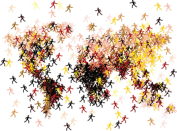 migration worldmap formed by moving people of all kind of skin colours emigration & immigration stock illustrations