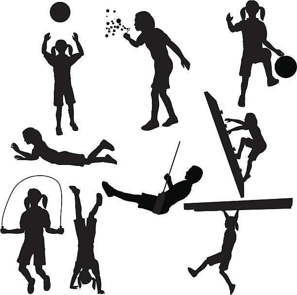 ilustraciones, imágenes clip art, dibujos animados e iconos de stock de niños jugando silueta collection (vector jpg - swing child silhouette swinging