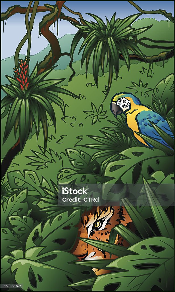 Tiger and Yellow Macaw in Rainforest Jungle Scene A very detailed vector illustration. Rainforests are extraordinary places! Colorful, mysterious...  Rainforest stock vector