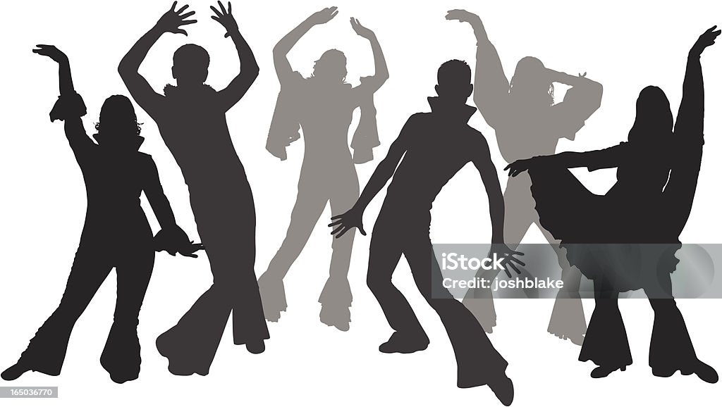 Black and white silhouettes of dancers wearing flares illustration of 6 disco dancers...i've included the .AI file so each person is on a separate layer. Disco Dancing stock vector