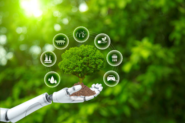 istock Green Energy Renewable Sustainable. AI machine learning, Green tree growing in robotic hand on green nature background, green energy icon around it. Net zero emission Idea innovative. ESG Investing. 1650370001