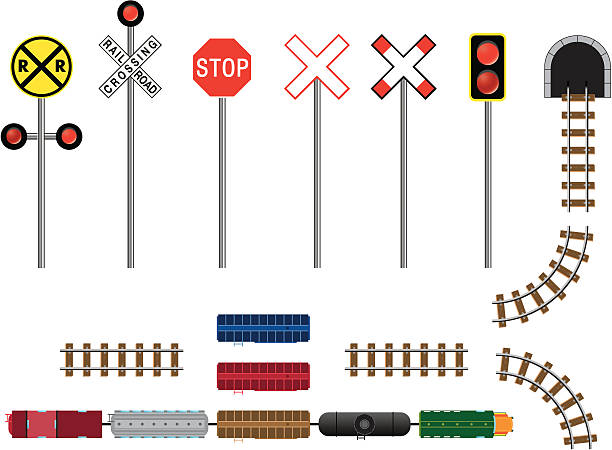 züge, titel, tunnel & beschilderung - railroad crossing train railroad track road sign stock-grafiken, -clipart, -cartoons und -symbole