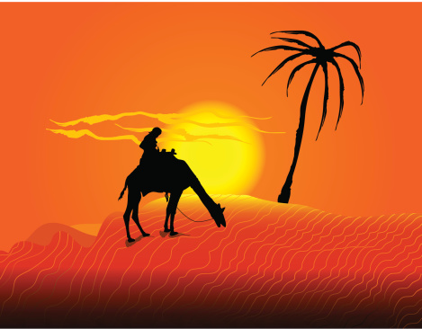 Silhouette of camel and person in Sahara desert. This file saved in vector EPS version 8, EPS version 9 and JPG (5955 X 4659 pixels).