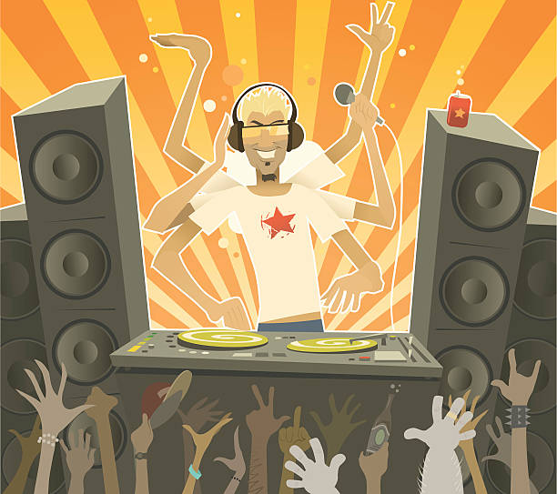 ilustraciones, imágenes clip art, dibujos animados e iconos de stock de hombre de historieta dj en fiesta - fan deck