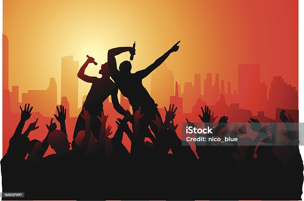 Downtown rock jam! The party time series goes rock... as in live rock concert downtown. Grab a ticket and come enjoy the show! In Silhouette stock vector