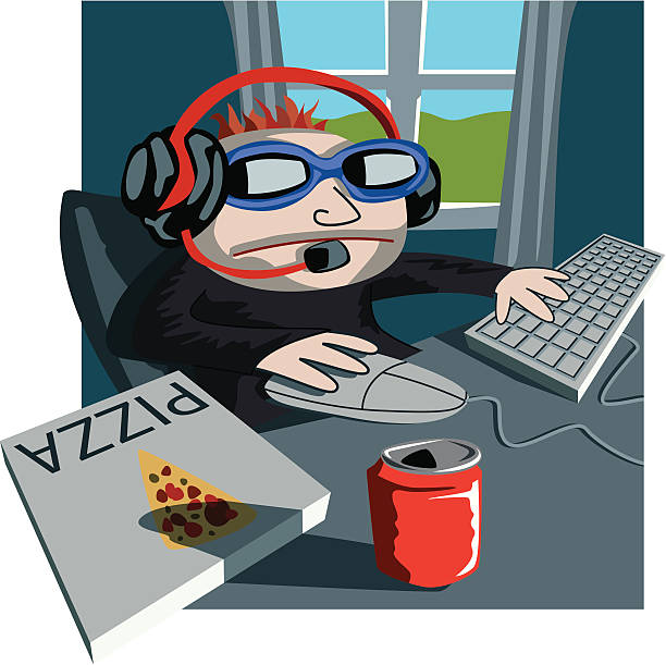 Gamer Guy (Vector) An online gamer, all set up at his PC with headset, sunglasses, pizza, and tasty beverage. Outside the room can be seen the lovely sunny day which he should be outside enjoying. vehicle interior audio stock illustrations