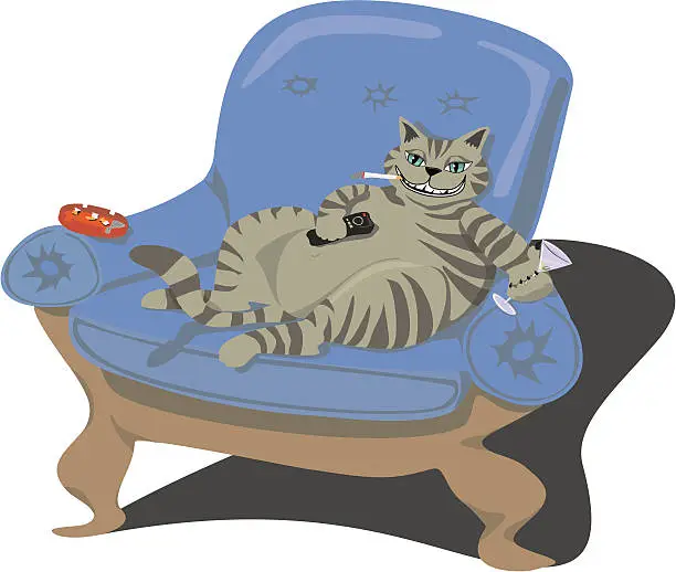 Vector illustration of Fat Cat - Home Alone Smoking and Driking