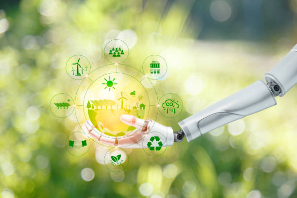 istock green energy system. AI machine learning, robotic hand touching  world icon on green nature blur background. Net zero in 2050 year. Green energy icon around it. Net zero emission Idea innovative. 1650374423