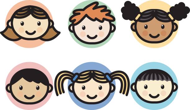 icons: diversity group of happy kids of different races Pigtails stock illustrations