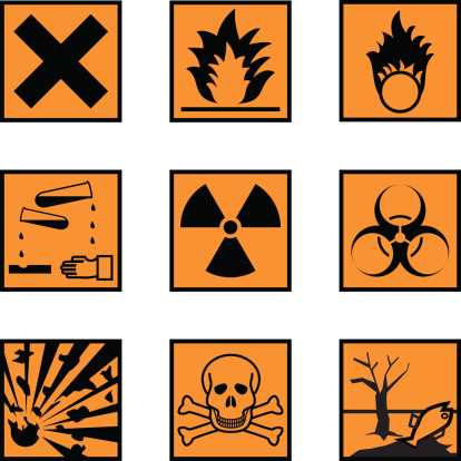Set of nine standard chemical hazard labels.