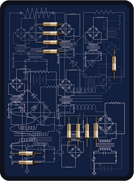 Electronic Diagram (negative) Vector illustration of an electronic diagram with some circuits on top. It´s not specific to any technical machine but rather just to be used as a texture. electricity drawings stock illustrations