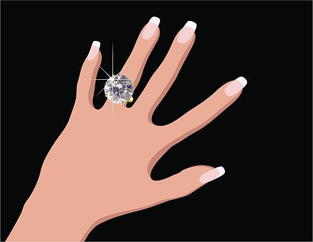 Engagement / Wedding Ring BIG perfect diamond ring on woman's left hand. From previous upload (1065847) with PERFECT diamond added, change in lighting, and no background. Included files: AICS2, EPS8, high resolution JPEG and transparent PNG (no background; can layer over any background or image). hand-with-long-nails stock illustrations