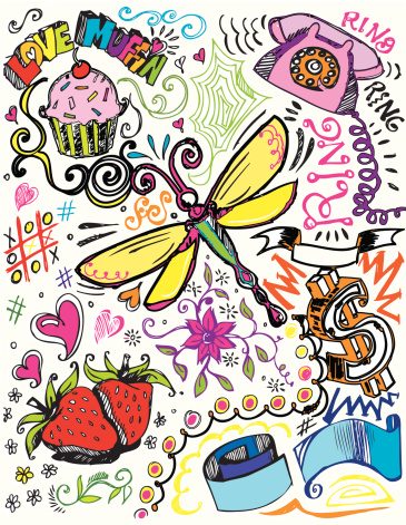 Scratchy hand drawn girly doodles. 300 dpi jpg included. Includes, retro phone, cupcake, dragonfly and starberries and other fun little elements