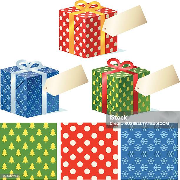 Three Gift Wrapped Boxes Patterns Stock Illustration - Download Image Now - Christmas Present, Label, Box - Container